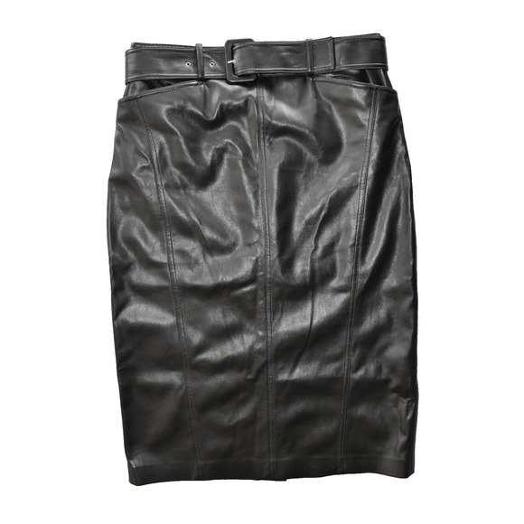 C0 NWT THEORY Black Bedford Faux Leather Belted Seam Pockets Skirt Size 10 $245
